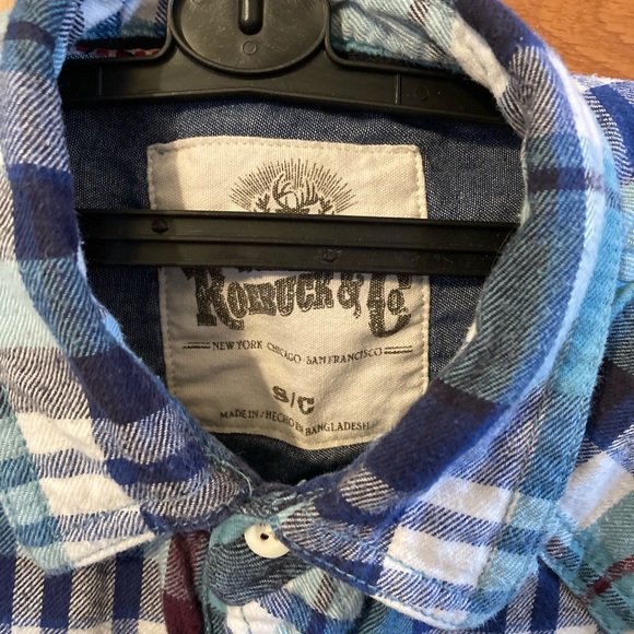 ROEBUCK & Co flannel shirt. Blue Turq Burgundy & White Pearl snaps Size Small - Picture 2 of 6
